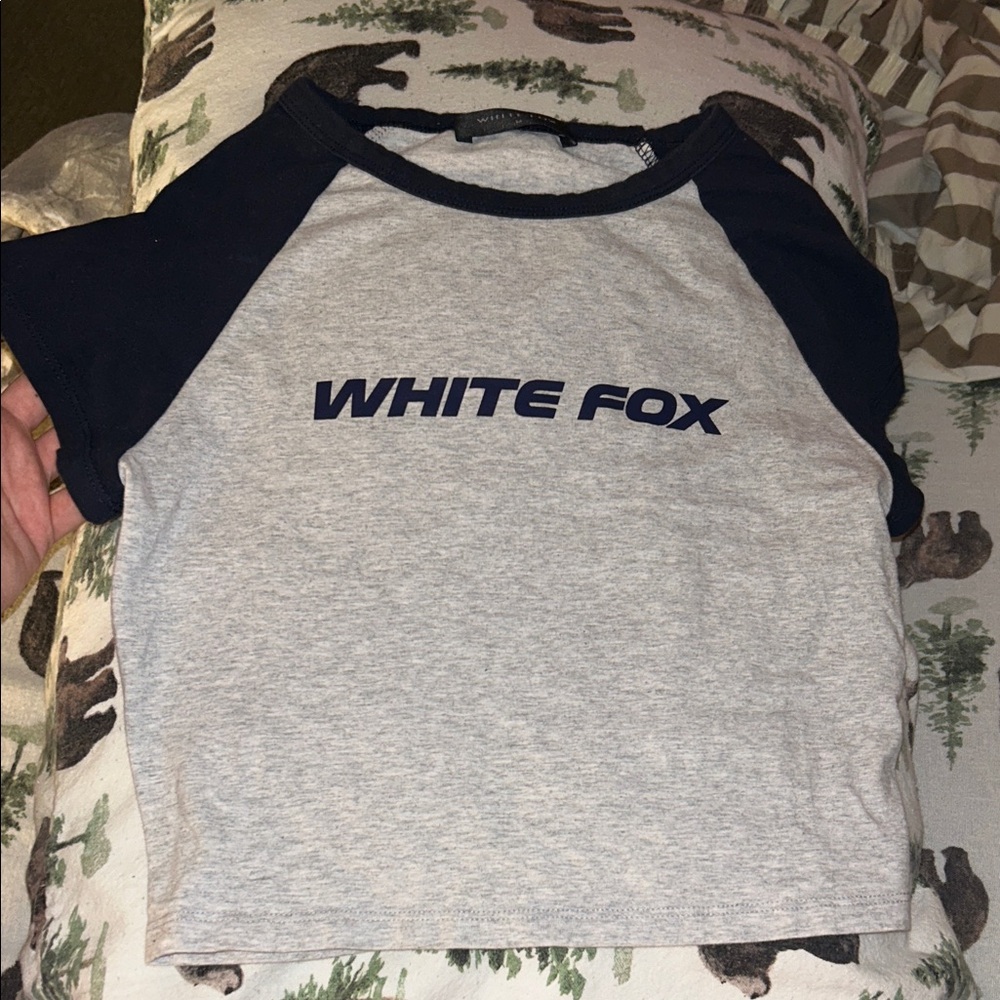 White Fox Boutique Gray and Navy Raglan Crop Top
